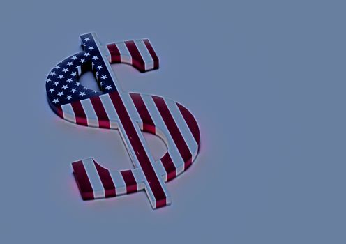 Dimensional sign of the American dollar in color national flag of USA. 3D render.