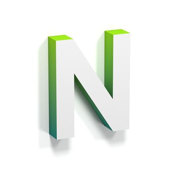 Green gradient and soft shadow font. Letter N. 3D render illustration isolated on white background