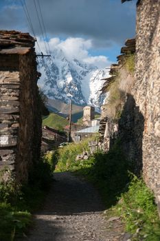 Ushguli high mountain village with towers - tourists destination