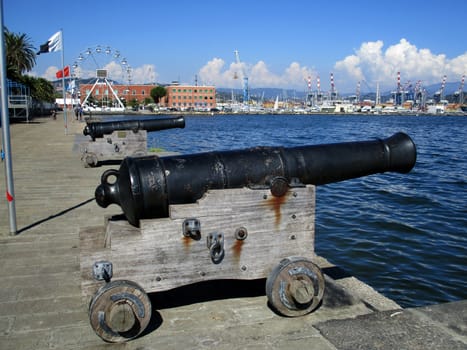 Port of La Spezia, Italy, old cannons on the waterfront