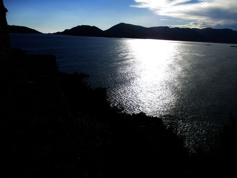 view of the bay of Lerici at sunset, Liguria, Italy
