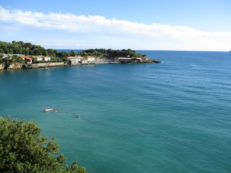 view of the beach and the Gulf of Lerici, Liguria, Italy