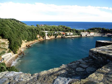 view of the beach and the Gulf of Lerici, Liguria, Italy