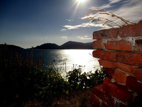 view of the beach and the Gulf of Lerici, Liguria, Italy