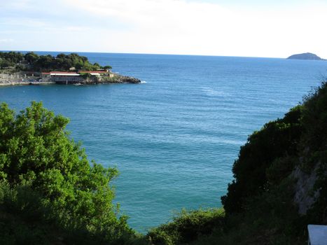 view of the beach and the Gulf of Lerici, Liguria, Italy