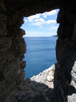 the sea of Portovenere from the remains of the old village, Liguria, Italy