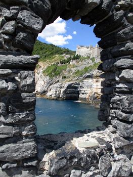 the sea of Portovenere from the remains of the old village, Liguria, Italy