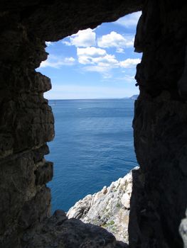 the sea of Portovenere from the remains of the old village, Liguria, Italy