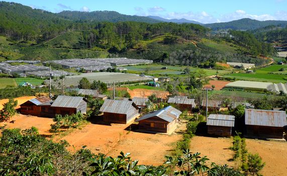 DA LAT, VIET NAM- DEC 30: Amazing scene at Dalat countryside, group of wooden house among agriculture field, housing for settle of poor Vietnamese, landscape of poverty residence, Vietnam, Dec 30,2015