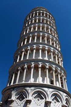 shooting from the bottom of the Leaning Tower of Pisa, Tuscany, Italy