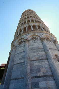 shooting from the bottom of the Leaning Tower of Pisa, Tuscany, Italy