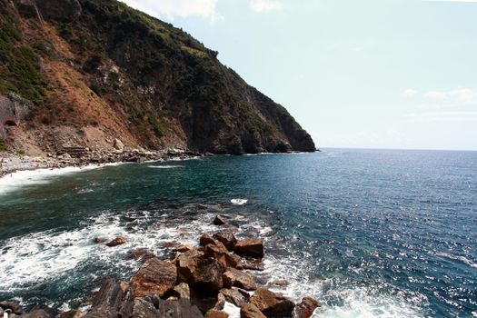 sea view and cliffs in riomaggiore, gulf of 5 terre, Italy