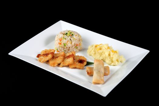 menu of fried fish with rice and vegetables on white plate, on