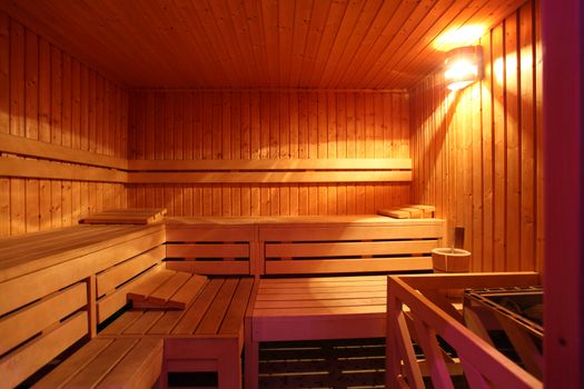 sauna room, light wood, with accessories