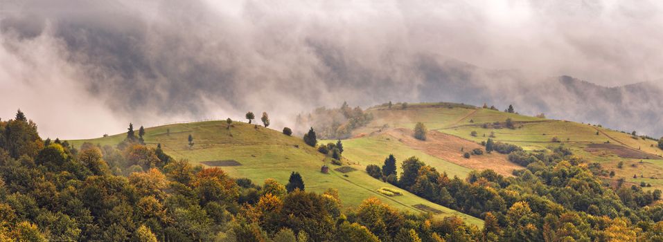 Autumn foggy Carpathian mountain panorama. Fall rain and mist 