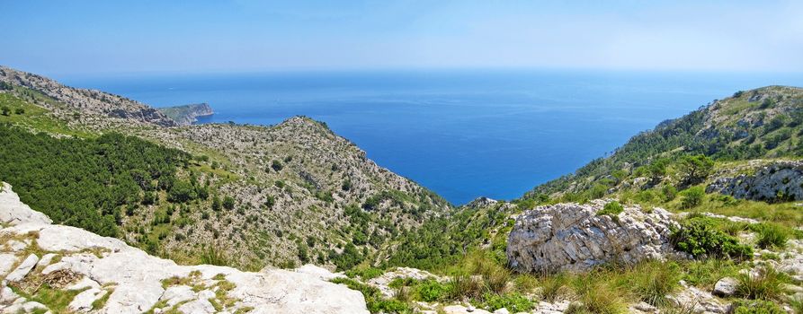 Mountain crest panorama with ocean view - view from peninsula Victoria, Majorca, Spain