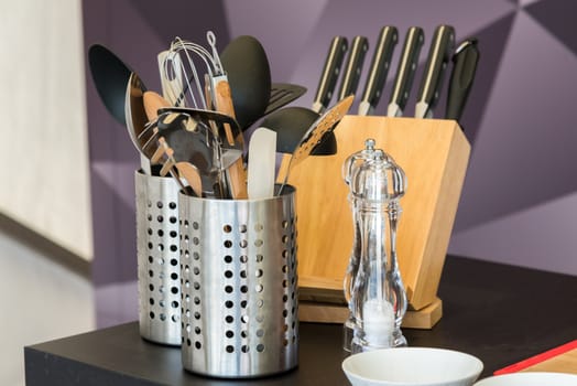 the artistic composition of metal kitchen accessories