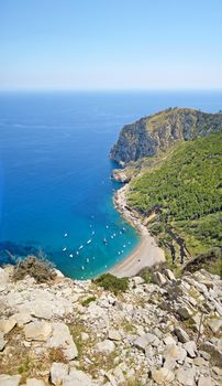 Coll Baix bay Majorca, Spain - view from above during hiking tour - vertical panorama