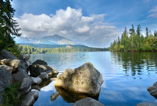 Wide angle landscape shot of Strbske Pleso lake in High Tatras mountains.