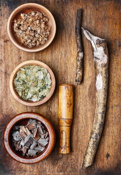 Medicinal plants,herbs in the bowl and elecampane root