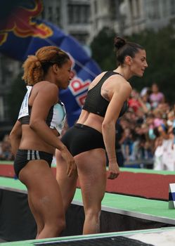 BELGRADE,SERBIA - SEPTEMBER 11 , 2016: Ivana Spanovic and Jazmin Sawyers checking result after jump at long jump competition as promotion of European athletics indoors championship which will be held from 3-5.March ,2017 in Belgrade,Serbia