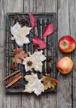 Pastries like cookies maple leaf and autumn apples