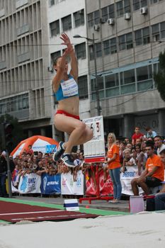 BELGRADE,SERBIA - SEPTEMBER 11 , 2016: Marija Milutinovic jumping at long jump competition as promotion of European athletics indoors championship which will be held from 3-5.March ,2017 in Belgrade,Serbia