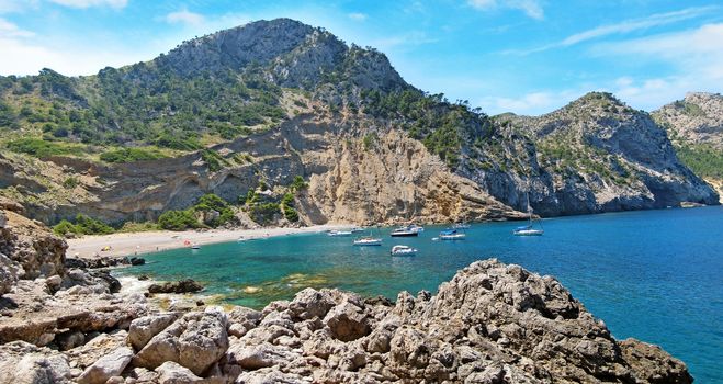 Coll Baix famous bay with beach, Majorca, Spain - view from above