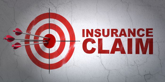 Success Insurance concept: arrows hitting the center of target, Red Insurance Claim on wall background, 3D rendering