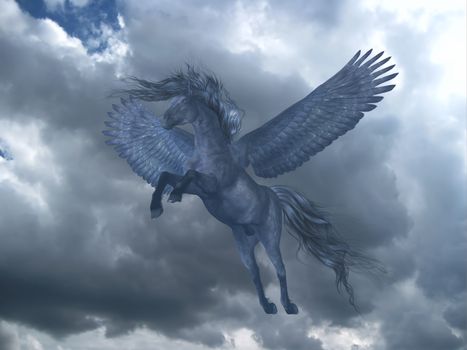 A black Pegasus horse rises on powerful wings up into a blue sky with billowing white clouds.