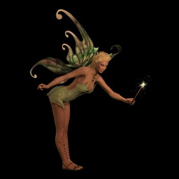 A fairy is a creature of folklore and legend and has pointed long ears, is small in stature and has wings.