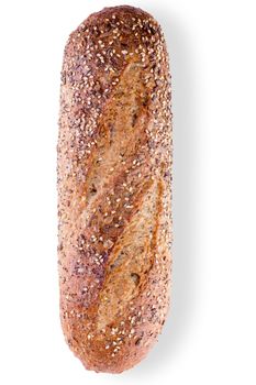 Loaf of healthy crusty wholegrain bread with flax or sesame seeds viewed whole from above on a white background