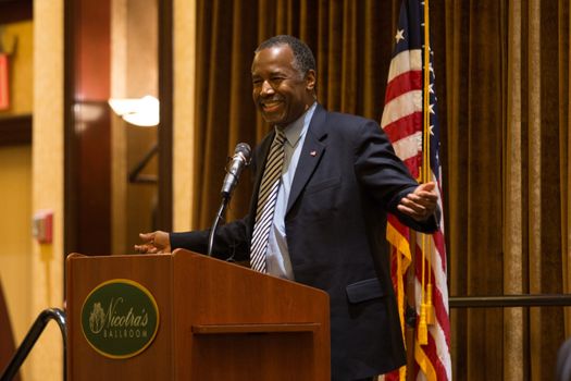 UNITED-STATES, New York: Republican presidential candidate Ben Carson holds a town hall meeting at the Hilton Garden Inn on Staten Island on January 4, 2016. The retired neurosurgeon once was at the top of the polls, but his numbers have plummeted in Iowa and elsewhere. In the wake of an internal power struggle between business manager Armstrong Williams and some of Ben Carson's top staffers, the candidate said that a more aggressive campaign was on the way. The New York Republican presidential primary is on April 19, 2016. 	 	