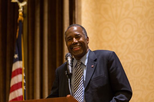 UNITED-STATES, New York: Republican presidential candidate Ben Carson holds a town hall meeting at the Hilton Garden Inn on Staten Island on January 4, 2016. The retired neurosurgeon once was at the top of the polls, but his numbers have plummeted in Iowa and elsewhere. In the wake of an internal power struggle between business manager Armstrong Williams and some of Ben Carson's top staffers, the candidate said that a more aggressive campaign was on the way. The New York Republican presidential primary is on April 19, 2016. 	 	
