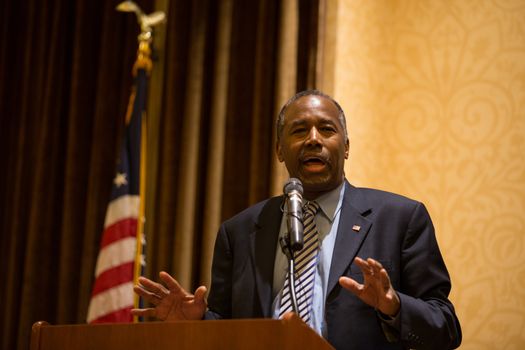 UNITED-STATES, New York: Republican presidential candidate Ben Carson holds a town hall meeting at the Hilton Garden Inn on Staten Island on January 4, 2016. The retired neurosurgeon once was at the top of the polls, but his numbers have plummeted in Iowa and elsewhere. In the wake of an internal power struggle between business manager Armstrong Williams and some of Ben Carson's top staffers, the candidate said that a more aggressive campaign was on the way. The New York Republican presidential primary is on April 19, 2016. 	 	
