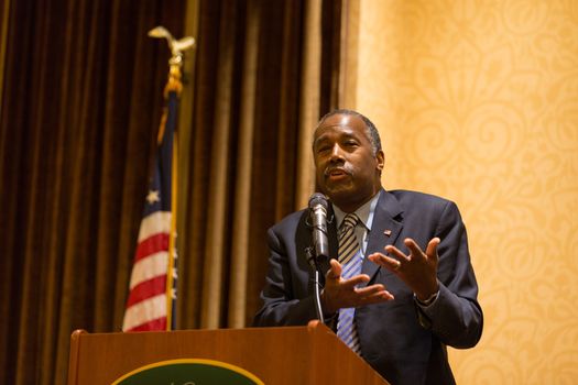 UNITED-STATES, New York: Republican presidential candidate Ben Carson holds a town hall meeting at the Hilton Garden Inn on Staten Island on January 4, 2016. The retired neurosurgeon once was at the top of the polls, but his numbers have plummeted in Iowa and elsewhere. In the wake of an internal power struggle between business manager Armstrong Williams and some of Ben Carson's top staffers, the candidate said that a more aggressive campaign was on the way. The New York Republican presidential primary is on April 19, 2016. 	 	