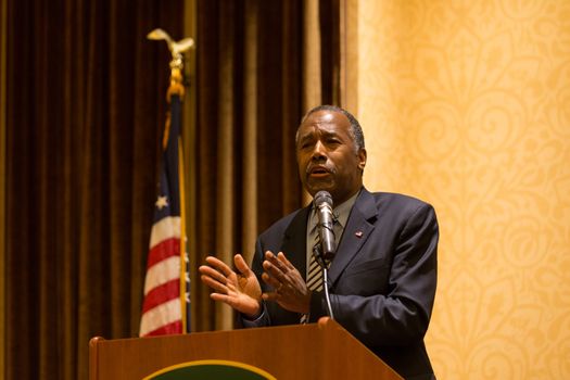 UNITED-STATES, New York: Republican presidential candidate Ben Carson holds a town hall meeting at the Hilton Garden Inn on Staten Island on January 4, 2016. The retired neurosurgeon once was at the top of the polls, but his numbers have plummeted in Iowa and elsewhere. In the wake of an internal power struggle between business manager Armstrong Williams and some of Ben Carson's top staffers, the candidate said that a more aggressive campaign was on the way. The New York Republican presidential primary is on April 19, 2016. 	 	