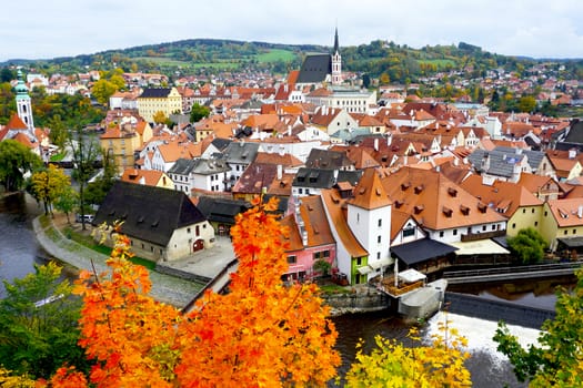 Viewpoints of Cesky Krumlov oldtown city and river in Autumn