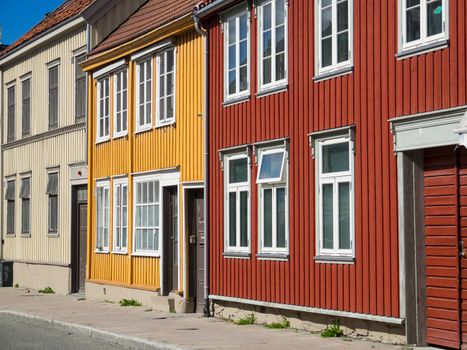 Traditional, wooden Norwegian townhouses in the city of Trondheim, Norway.