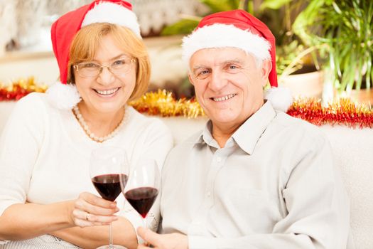 Happy senior couple toasting christmas with red wine at home ambient