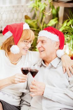 Happy senior couple toasting christmas with red wine at home ambient