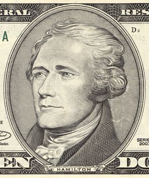 Alexander Hamilton portrait from ten dollar bill close-up. True colours