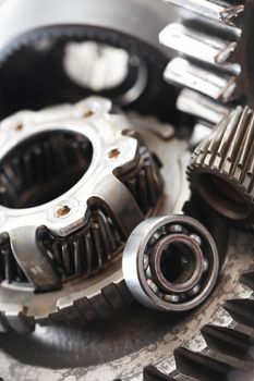 Machinery concept. Set of various gears closeup as background