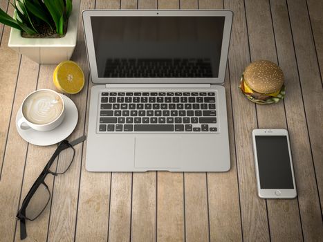 laptop, telephone and coffee 3d illustration