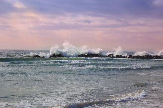 Stormy ocean waves, beautiful seascape, big powerful tide in action, storm weather in a deep blue sea, forces of nature, natural disaster.ocean wave in the Pacific ocean