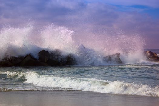 Stormy ocean waves, beautiful seascape, big powerful tide in action, storm weather in a deep blue sea, forces of nature, natural disaster.ocean wave in the Pacific ocean