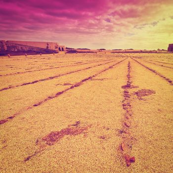 Giant Sundial in Portuguese Fortress Sagres on the Deserted Beach of the Atlantic Ocean at Sunset, Instagram Effect