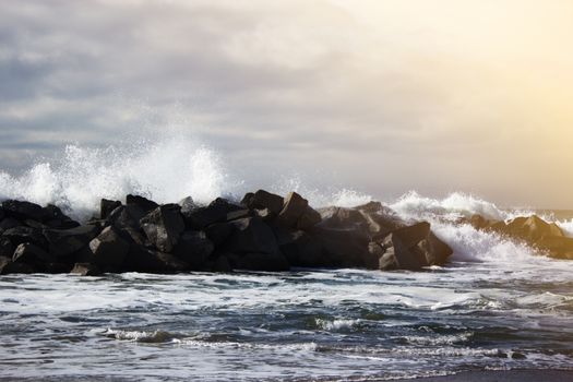 Stormy ocean waves, beautiful seascape, big powerful tide in action, storm weather in a deep blue sea, forces of nature, natural disaster.ocean wave in the Pacific ocean