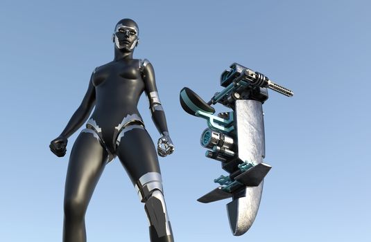 Cyborg Woman - Humanoid with sci-fi vehicle - 3D rendering