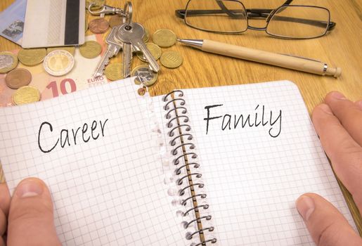 Conceptual image depicting choosing family over career. A man's hands tears a notebook page with the word career. There are financial elements in the background